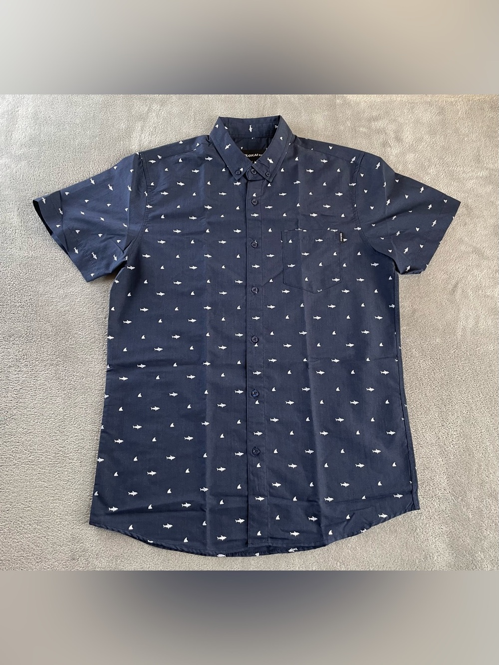 Shark Print Shirt Molokai Surf Mens M Blue Button Up Short Sleeve All Over AOP